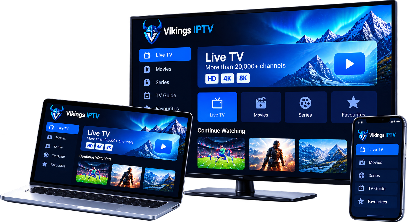 The Vikings IPTV player on a television, a laptop and a phone, with Live TV, Movies, Series and TV Guide menus